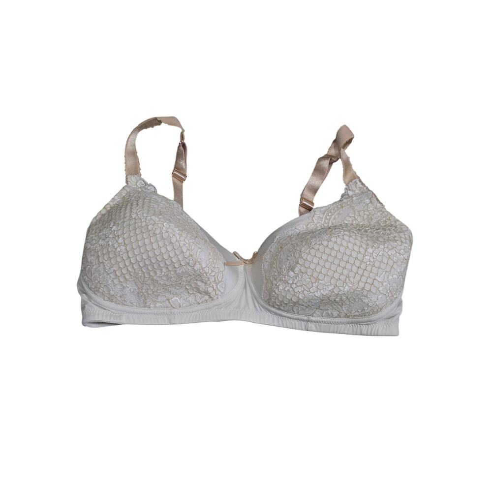 Amoena Alina‎ Wireless Bra 36D Womens White Tan Lace Padded Adjustable Straps